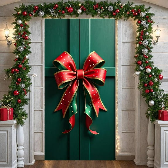 Red Bow Christmas Banner Gold Trim Holiday Display White Polka Dots Satin Material Festive Backdrop for Christmas Party Holiday Decoration Home Door Decor