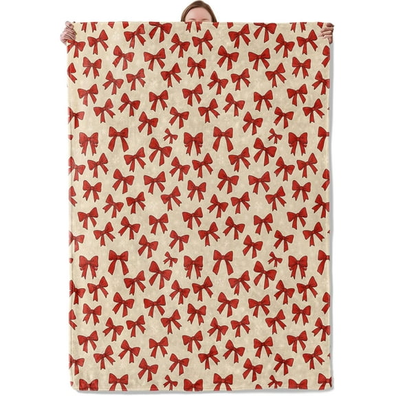 Red Bow Christmas Blanket Gifts for Adults Women Girls Kids, 60 x 80 in, Cute Festive Flannel Blankets for Bedroom, Camping, Couch, Room Home Decor, Fuzzy Warm Soft Cozy