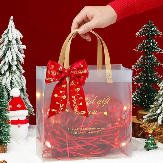 Red Bow Clear Gift Bag Set of 2, Valentine's and Christmas Eve Party Favor Bags, Plastic Bags with Linen Handles, Christmas Gift Wrap Bags, Candy Apple Bag, Valentine's Day Tote Shopping Bags