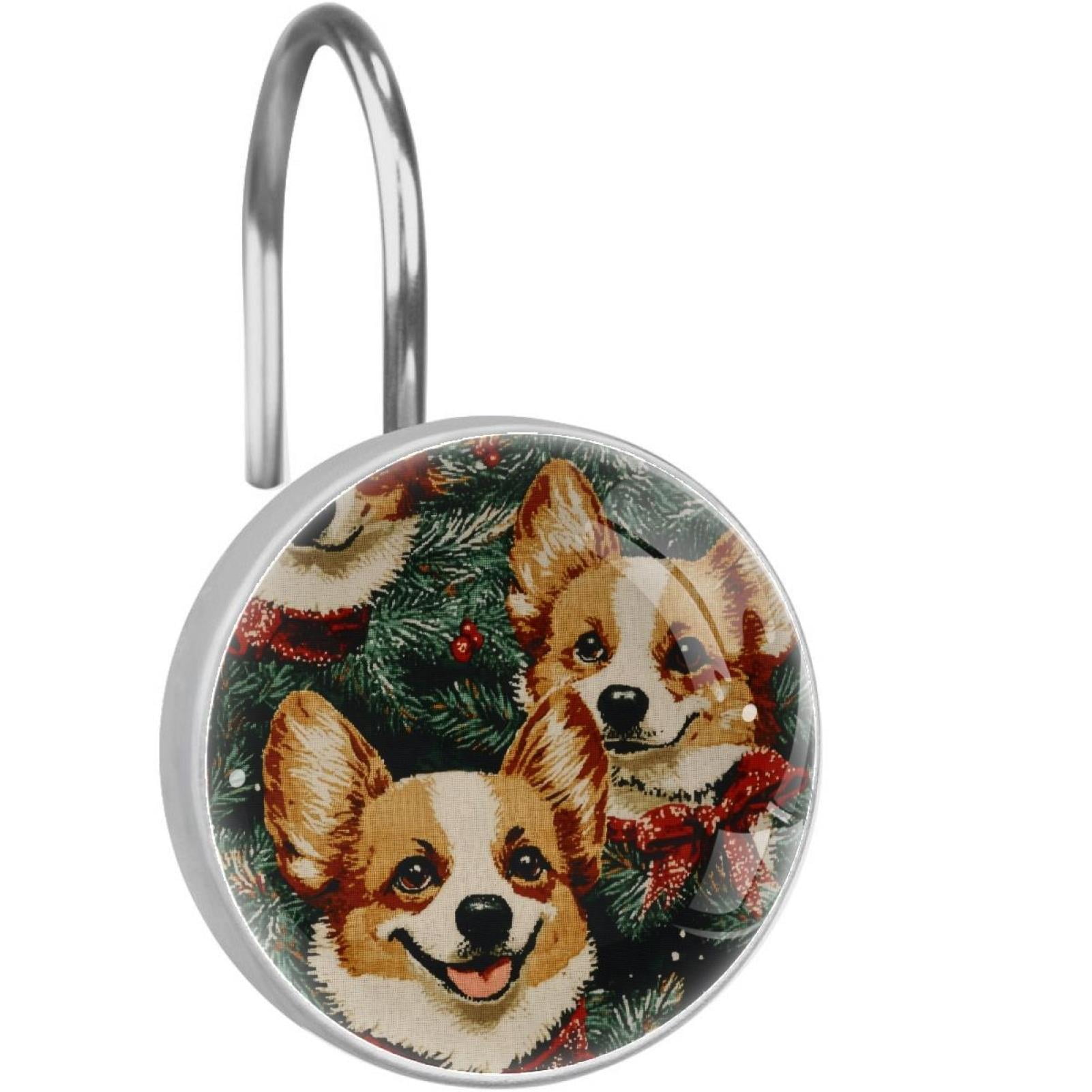 Red Bow Corgi Pine Leaf Shower Curtain Hooks Round Crystal Glass, Set of 12 Shower Curtain Rings - Shower Hooks for Curtain Shower Rings