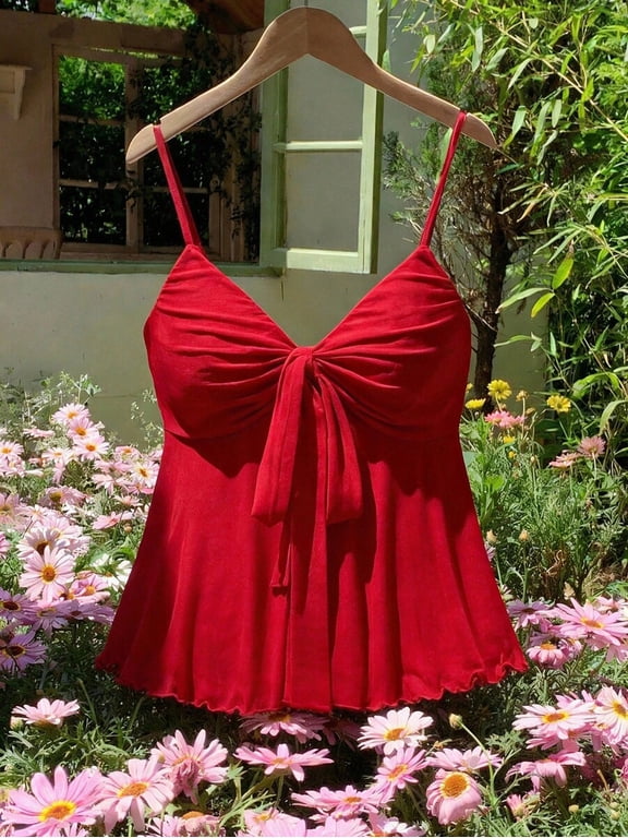 Red Bow-Front Mesh Camisole Top for Women - Soft Sheer Spaghetti Strap Tank, Flowy Silhouette, 1 Pack