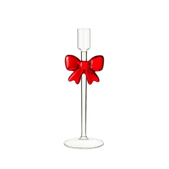 Red Bow Glass Taper Candle Holders, Glass Candlestick Holder Decor, Tea Candle Sticks, Pink Centerpieces for Christmas Events Parties Wedding Receptions Table Centerpiece Decorations