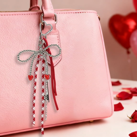 Red Bow Keychain for Keys and Bags, 5.12 Inch Soft Velvet Car Accessory with Metal Ring, Cute Gift for Women Girls, Decorative Purse Zipper Charm, Single Piece