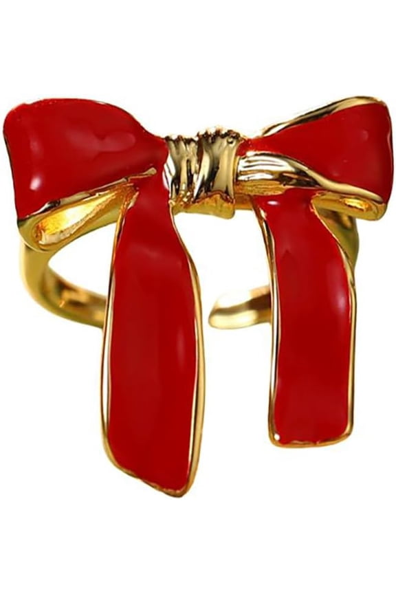 Red Bow Knot Statement Open Ring for Women - Gold Plated Enamel Ribbon Bowknot Adjustable Rings Wedding Anniversary Comfort Fit Thumb Finger Bands Cute Christmas Birthday Jewelry