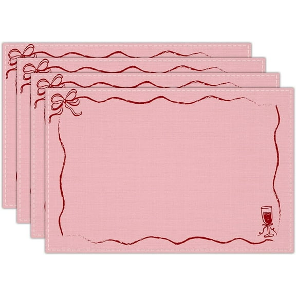 Red Bow Linen Placemats Set of 4, Pink Waterproof Washable Heat Resistant Place Mats 12x18 Inch, Table Mat for Bridal Shower Wedding Outdoor Indoor Home Kitchen Party Dining Decoration-12