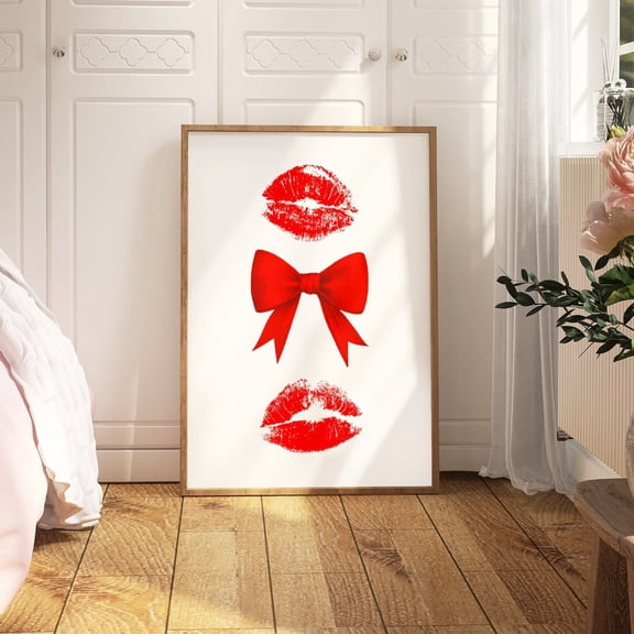 Red Bow Print Coquette Kiss Poster Red Lips Fashion Decor Unframed Paper Print
