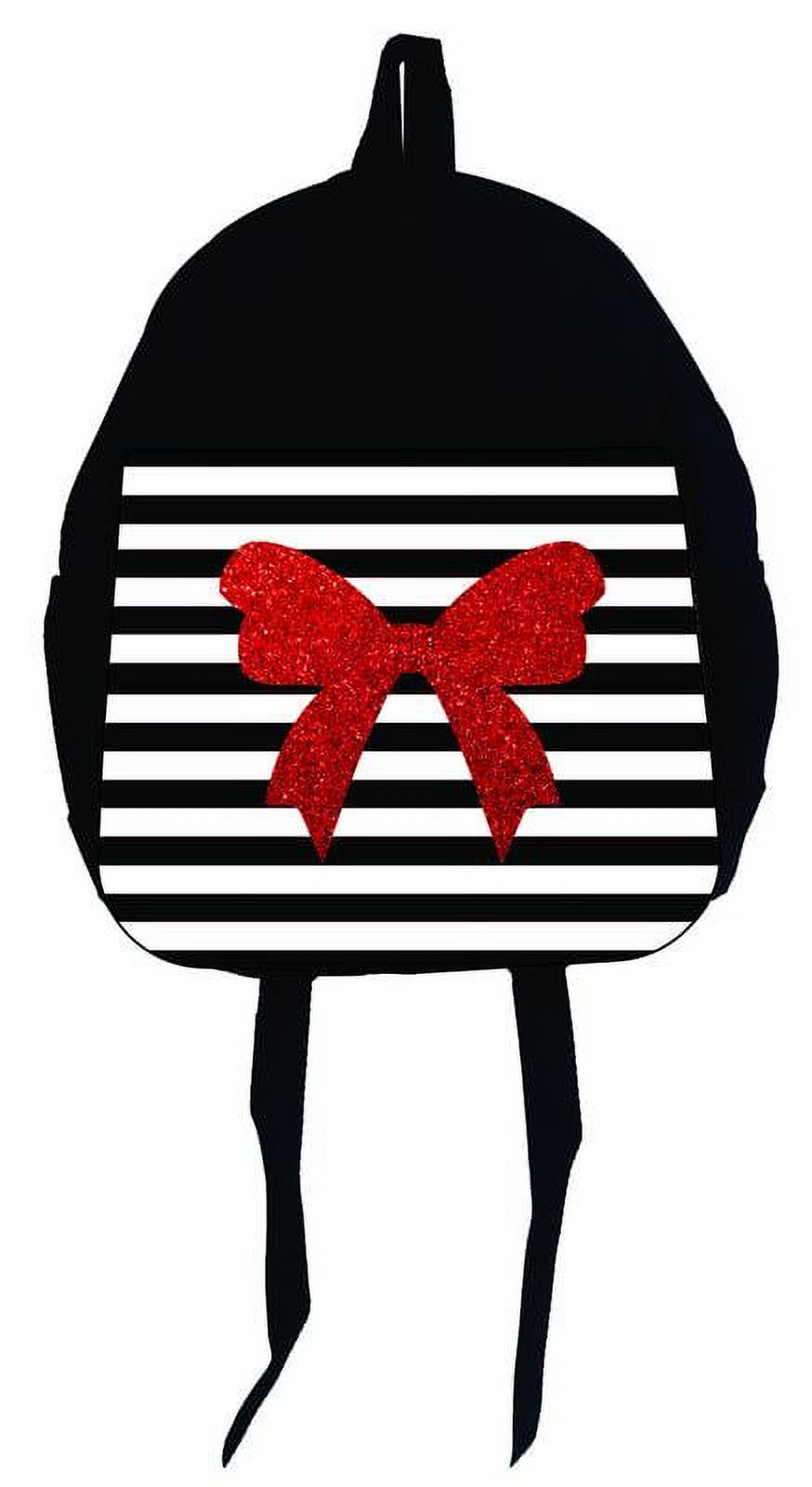 Red Bow Ribbon on Black and White Stripes - Faux Glitter Print Design - Girls 13" x 10" Black Preschool Toddler Children's Backpack & Pencil Bag Set - image 1 of 2