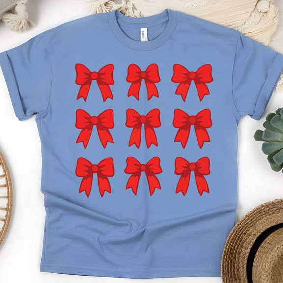 Red Bow Shirt | Cute Bow Pattern Graphic Tee | Unisex Casual T-Shirt, CarolinaBlue, Size 3XL