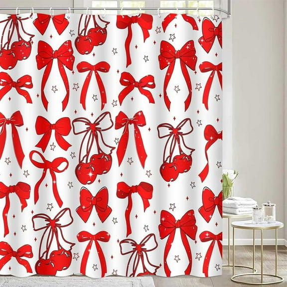 Red Bow Shower Curtain Watercolor Cherry Bowknot Preppy Aesthetic Shower Curtains Set 72x72 Washable Polyester Trendy Teen Girly Bathroom Decor with 12 Hooks