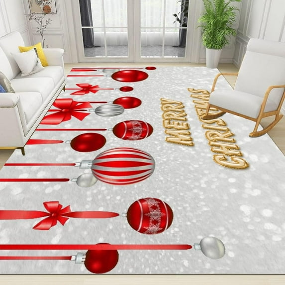 Red Bow Silver White Chandelier Area Rugs, Merry Christmas English Indoor Non-Slip Kids Rugs, Machine Washable Breathable Durable Carpet for Teen Room Home Decor 3'x4'