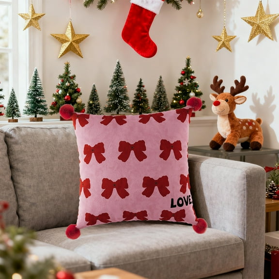 Red Bow Throw Pillow - Christmas Decorative Cushion, Plush Velvet Pillow with Bow Double-Sided Design for Bedroom Sofa Bed Headboard Removable Cover