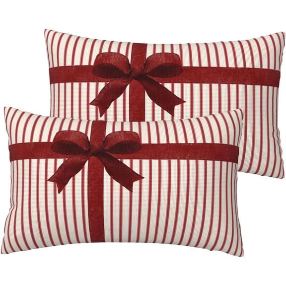 Red Bow Throw Pillow Covers 12x20 Inch Set of 2, Bow and Ribbon Wrapped Box Design Pillow Cases Xmas Holiday Red Stripes Pillowcase Decorative Cushion Covers for Sofa Couch Bed Living Room