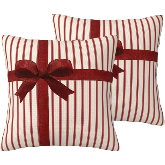 Red Bow Throw Pillow Covers 20x20 Inch Set of 2, Bow and Ribbon Wrapped Box Design Pillow Cases Xmas Holiday Red Stripes Pillowcase Decorative Cushion Covers for Sofa Couch Bed Living Room