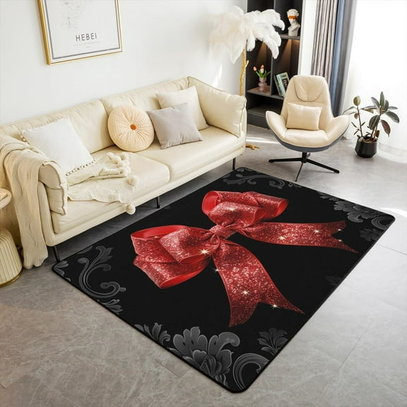 Red Bowknot Area Rug Black Floral Print Floor Mats Rugs For Boys Girls Room Decor, Cute Bow Print Decorative Rug For Living Room, Absorbent Carpets 4x6ft