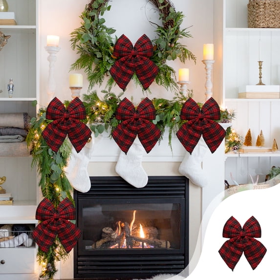 Red Bows For Christmas Tree,4PCS Christmas Bows for Wreaths,Red Christmas Decorations,Buffalo Plaid Christmas Tree Bow Black Red Christmas Bows for Outside Red Christmas Bows for Fence Fireplace(M)