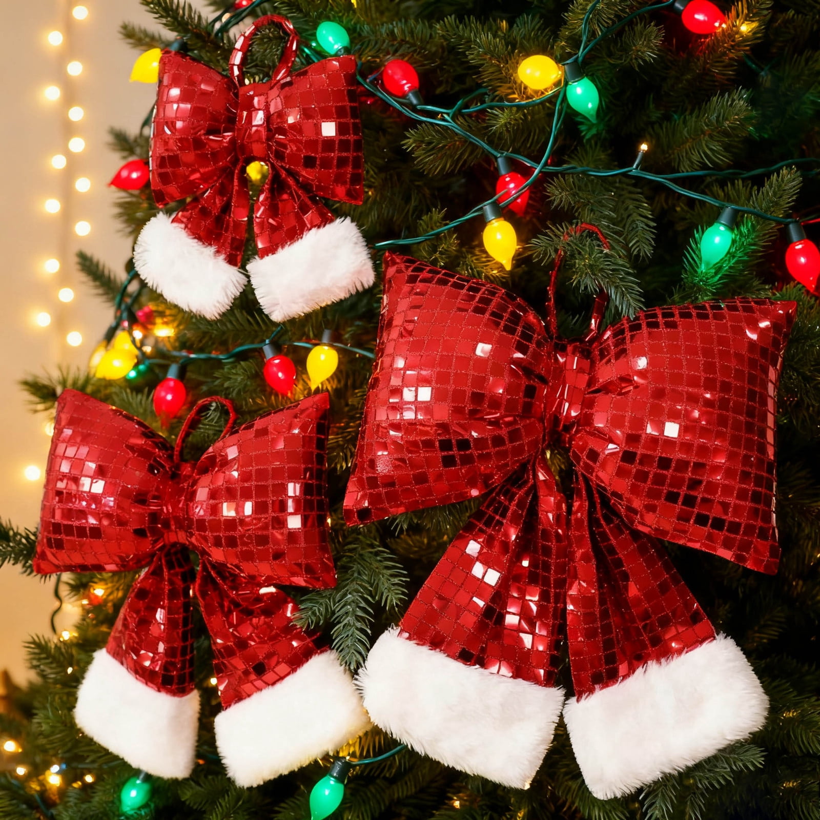 Red Bows For Christmas Tree,Christmas Bow Sequin Christmas Tree Bow Glitter Christmas Wreaths Bow Creative Wreath Bow Luxury Xmas Tree Ribbon for Xmas Tree Decoration 1PCS (Red, L)
