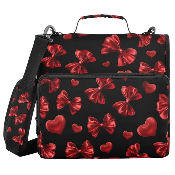 Red Bows Hearts Valentine Pattern Binder Bag with Shoulder Strap 3 Ring Zipper Binder File Folder Document Storage