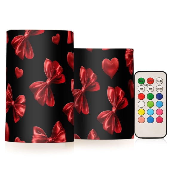 Red Bows Hearts Valentine Pattern Flickering Flameless Candles LED Tealight Battery Operated with Remote Set of 2 Holiday Decor Ornaments