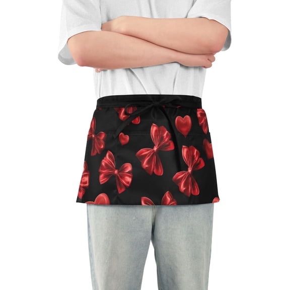 Red Bows Hearts Valentine Pattern Short Server Apron with 3 Pockets for Unisex Chef Gardening
