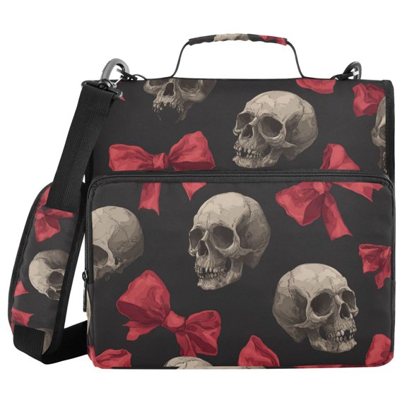 Red Bows Skulls Binder Bag with Shoulder Strap 3 Ring Zipper Binder File Folder Document Storage