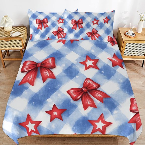 Red Bows Stars Blue Checkered Pattern(1) 3D Duvet Cover 3pcs Set Bedding Set Polyester Microfiber Quilt Cover for Bedroom Decoration Twin
