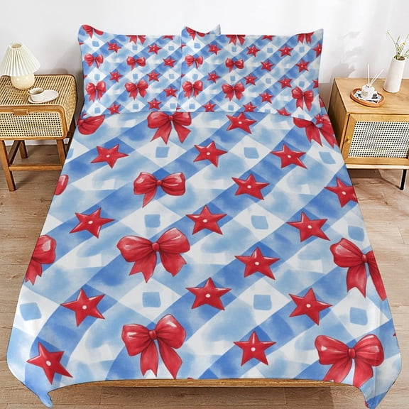 Red Bows Stars Blue Checkered Pattern Duvet Cover 3pcs Set Themed Multicolor Polyester Bedding Set for Bedroom Decoration Twin