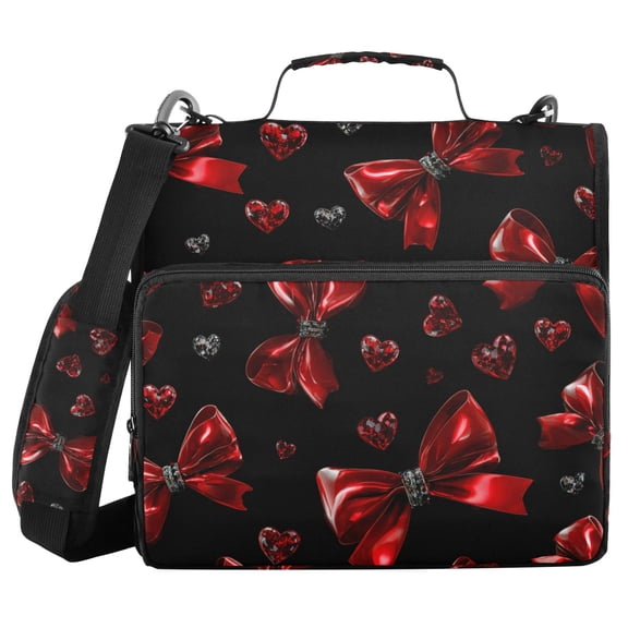 Red Bows with Crystal Hearts Valentine Binder Bag with Shoulder Strap 3 Ring Zipper Binder File Folder Document Storage