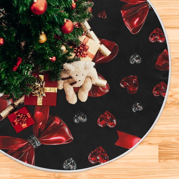 Red Bows with Crystal Hearts Valentine Christmas Tree Skirt Opening Design Floor Mat Holiday Decor 47 inch