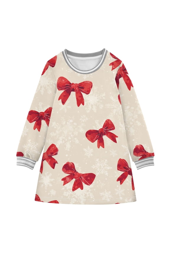 Red Bows with Snowflake Background Christmas Long-sleeved Dress A-line One-Piece Dress for 2-8 Years Casual Party 3T