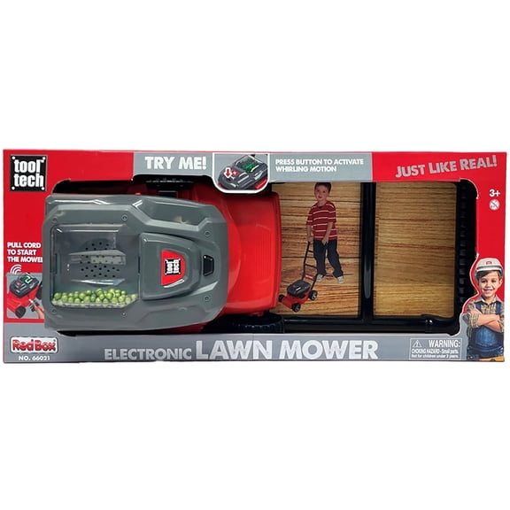 Red Box: Electronic Lawn Mower - Children's Pretend Play, Outdoor Toys, Yard Work, Battery Powered, Realistic Mowing Sounds, Start Pull Cord, Just Like the Real Thing, Ages 3+