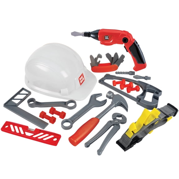 Red Box: Tool Tech: Deluxe Helmet Toy Tool Set - Light & Sounds Screwdriver, Hammer-Saw-Wrenches-Rulers-Nuts-Bolts, Construction Pretend Play, Kids 3+