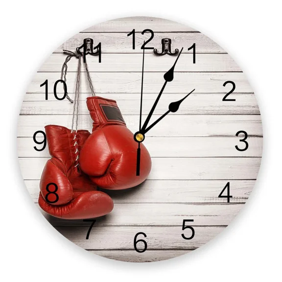 Red Boxing Gloves Against Wooden Wall Wall Clocks Non Ticking Girl Boy Bedroom Bathroom Kitchen Living Room Office Round Clock(10 Inch)