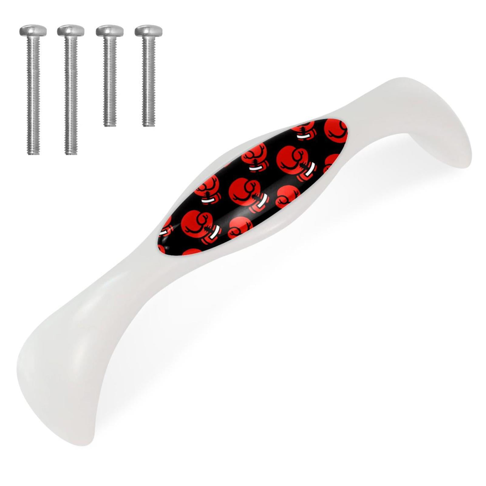 Red Boxing Gloves Pattern Black Set of 4 White Crystal Glass Knobs with