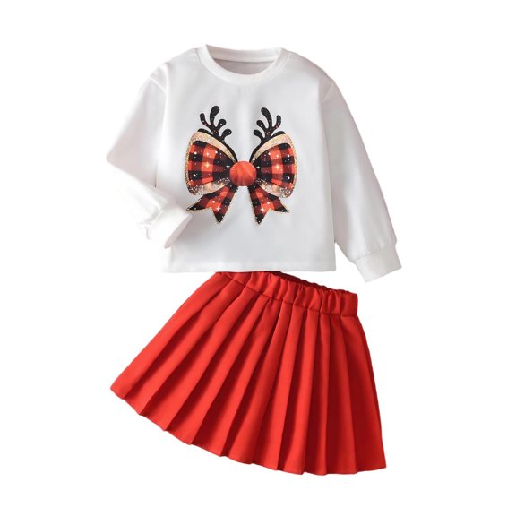 Red Boy Girl Match Happy Holiday Christmas Skirt Sets for Girls Colorful Deer Graphic Mini Petite Bow Tie Ruched with Hood Basic Skirt Sets Girls 2025 Clothes 6 Years