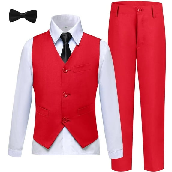Red Boys' 4-Piece Formal Suit Set Vest Pants Collared Dress for Wedding Husky Boys Dress Size 7