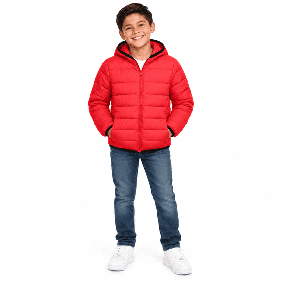 Red Boys Padded Puffer Jacket Size 9-10Years, Kids Hooded Full Zip Winter Warm Coat with Side Pockets for Casual Outerwear Clothes
