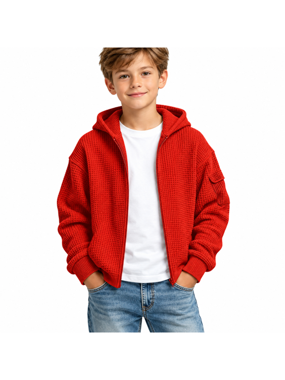 Red Boys Waffle Hoodie with Sleeve Pocket Size 11-12 Years,Full Zip Up Sweatshirt,Tactical Athletic Jacket for Outdoor Sports School,Casual Fall Spring Wear