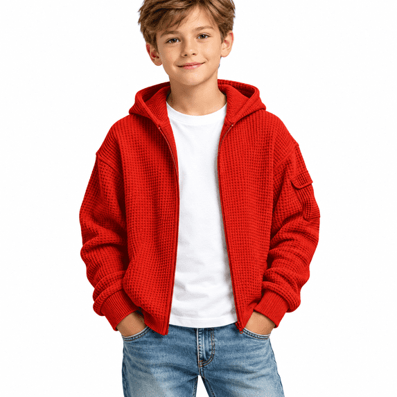 Red Boys Waffle Hoodie with Sleeve Pocket Size 3-4 Years,Full Zip Up Sweatshirt,Tactical Athletic Jacket for Outdoor Sports School,Casual Fall Spring Wear