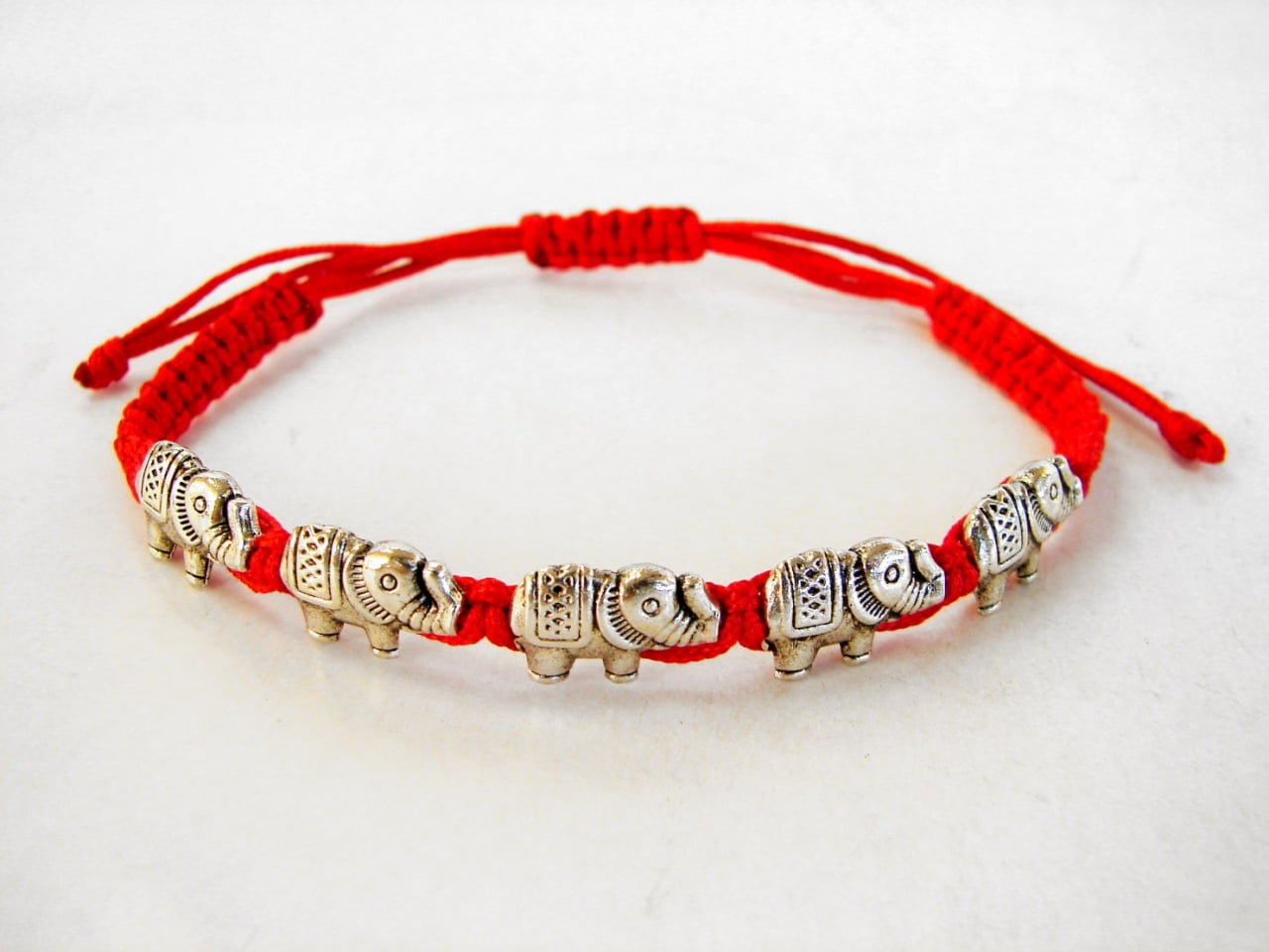 Red Bracelet with 5 Elephant Charms 