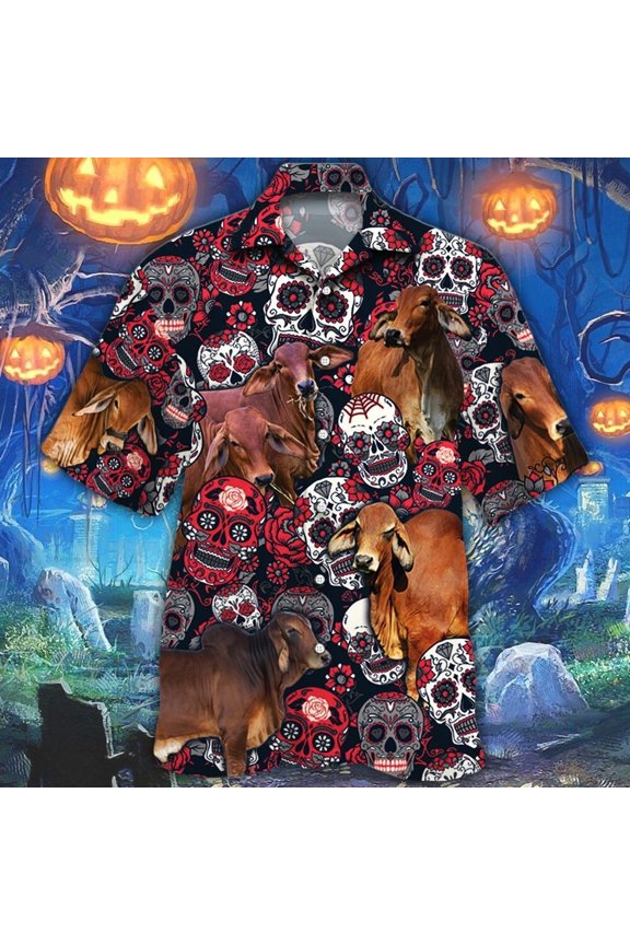Red Brahman Cattle Lover Sugar Skull Floral Hawaiian Shirt For Men And Women, Skull Bull C