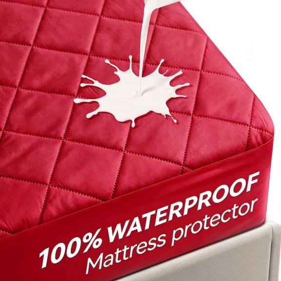 Red Breathable Mattress Protector Waterproof, Noiseless Twin Cooling Mattress Pad, Soft Bed Cover with Deep Pocket 6-21", Fitted Waterproof Protection for Home