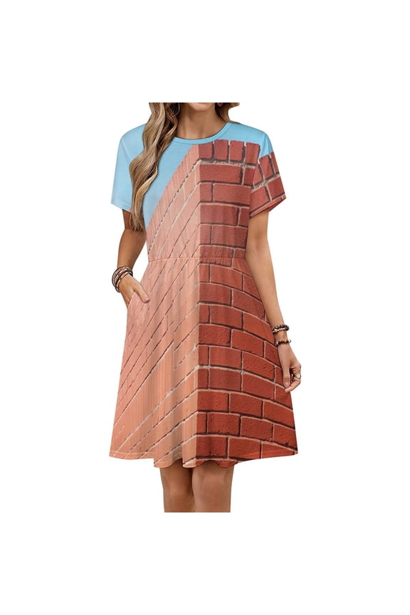 Red Brick Stone Wall Dress Summer Street Style Dresses Female Short Sleeve Printed Sundress