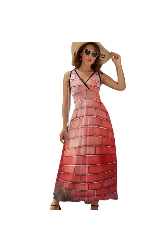 Red Brick Stone Wall Grass Sleeveless Dress Dresses Women Summer Evening Dresses Ladies Bohemia Long Dresses