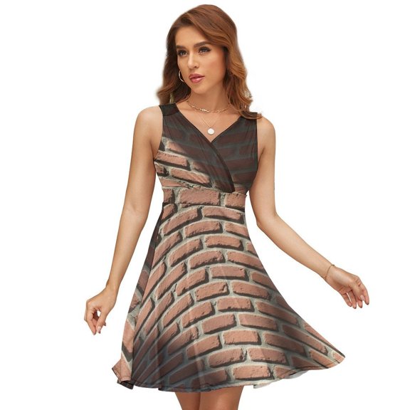 Red Brick Wall, Brick Stone Wall Dress Summer Street Style Dresses Female Sleeveless Printed Sundress