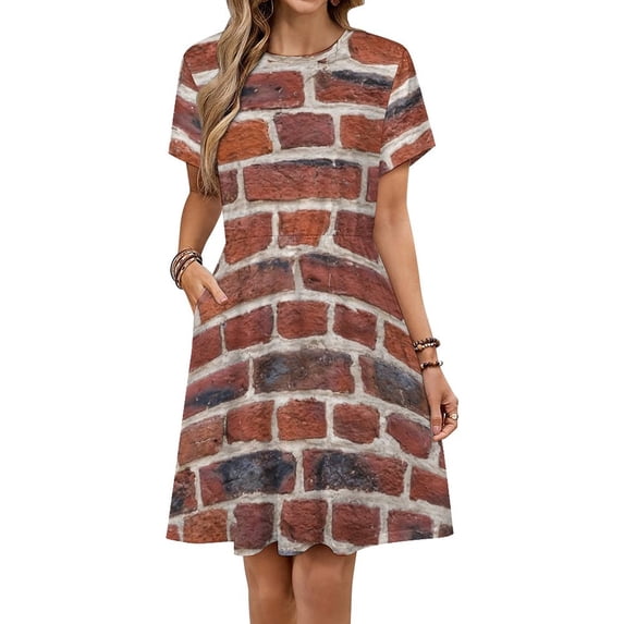 Red Brick Wall Dress Fashion Beach Short Sleeve Dresses Female Party Printed Sundress
