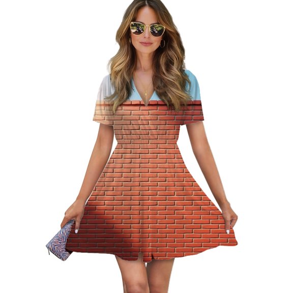 Red Brick Wall Sunlight Women Dress V-Neck Short Sleeve Flowy Swing Party Midi Dress