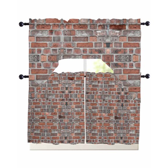 Red Brick Wall Swag Curtains for Living Room/Bedroom Windows, Vintage Farmhouse Stone Rocks Geometric Print Kitchen Curtains and Valances Set 36 Inch Length, Swags Valance Curtain Panels