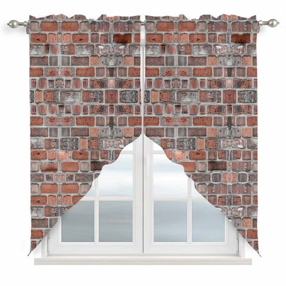 Red Brick Wall Swag Valances for Windows, Kitchen Curtains 36 Inch Length 2 Panels Set, Vintage Farmhouse Stone Rocks Geometric Print Short Curtains for Small Windows Rod Pocket Cafe Curtains 28"x36"