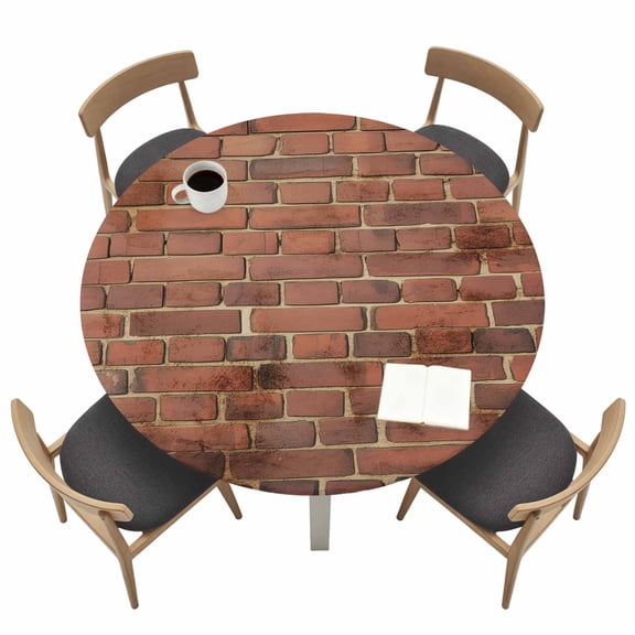 Red Bricks Round Fitted Tablecloth with Elastic Edge Retro Walls Villages Vintage Shabby Style Table Cover Fit for 45"-54" Tables Waterproof Tablecloths for Dinner Camping Picnic