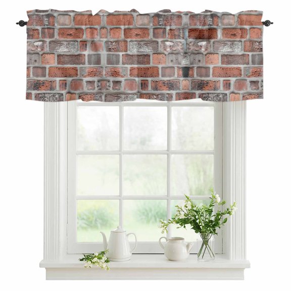 Red Bricks Walls Valances for Windows, Rod Pocket Kitchen Valance Curtains - Soft & Washable Small Window Treatment for Living Room, Bathroom, Retro Art 42x12inch, 1 Panel